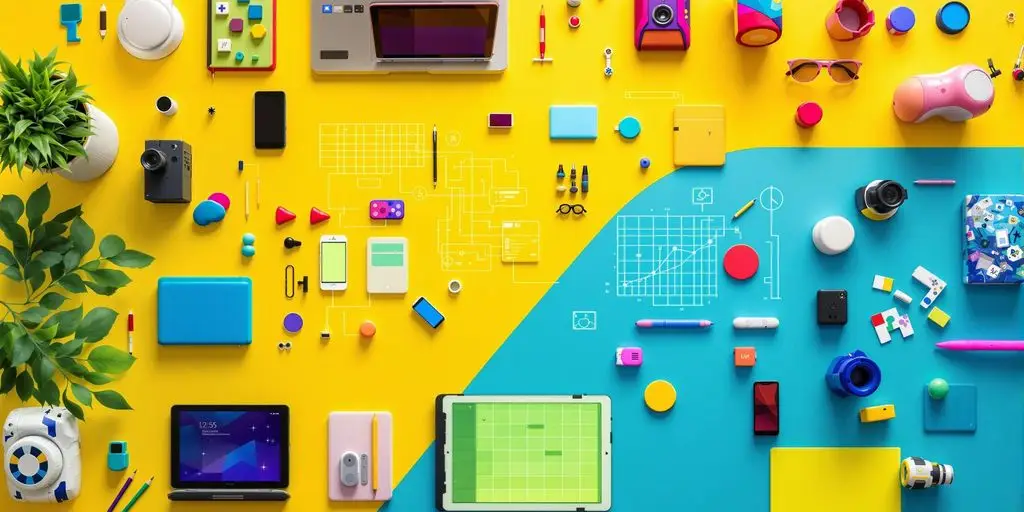 Vibranter Arbeitsplatz mit digitalen Gadgets und modernen Geräten.