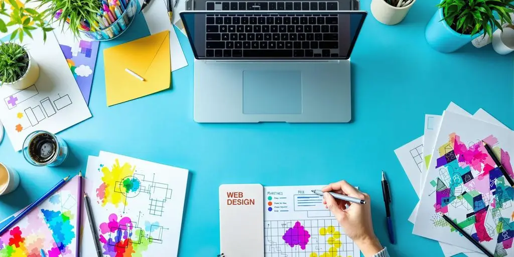 Kreativer Arbeitsplatz mit Laptop und Designwerkzeugen.